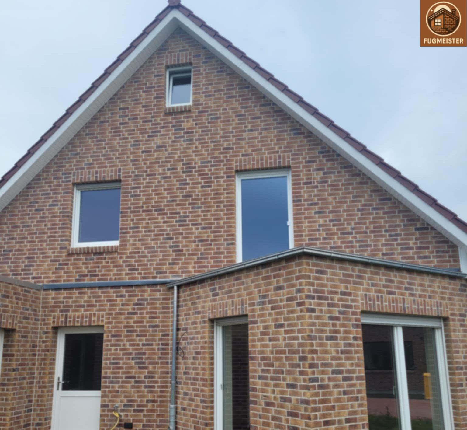 Fugmeister-Fassade: warmtonige Klinker mit präzisen Fugen, mehrfach verglaste Fenster und Anbau.