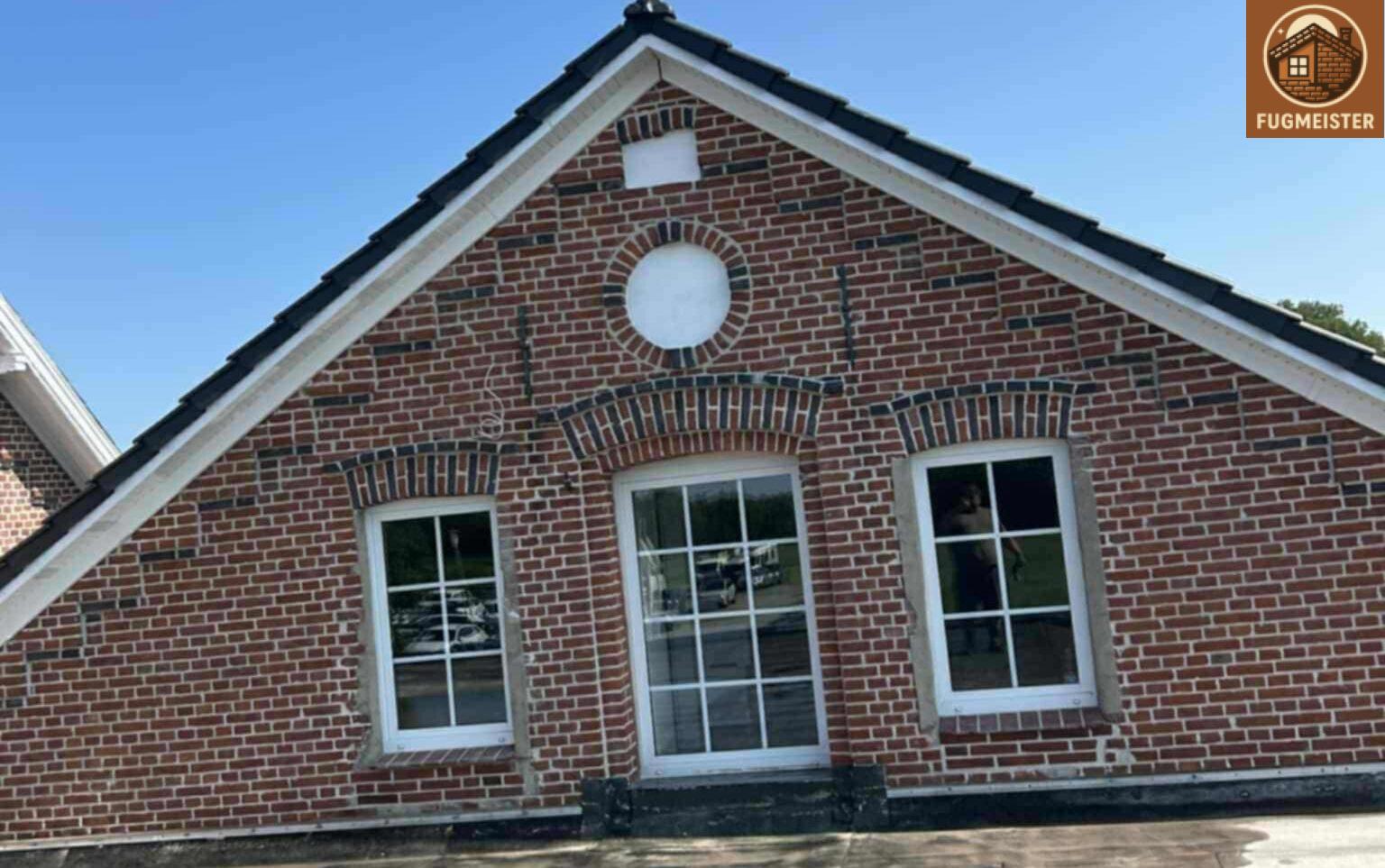 Giebelansicht eines Klinkerhauses mit drei Sprossenfenstern und Rundbogenakzent, blauer Himmel.